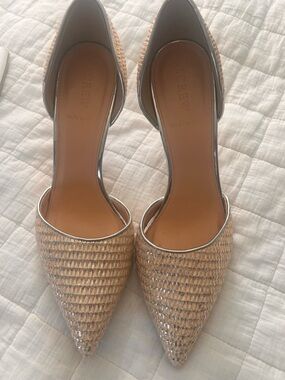 J. Crew Women's Pointed D'Orsay Heels in Natural Woven with Silver Trim